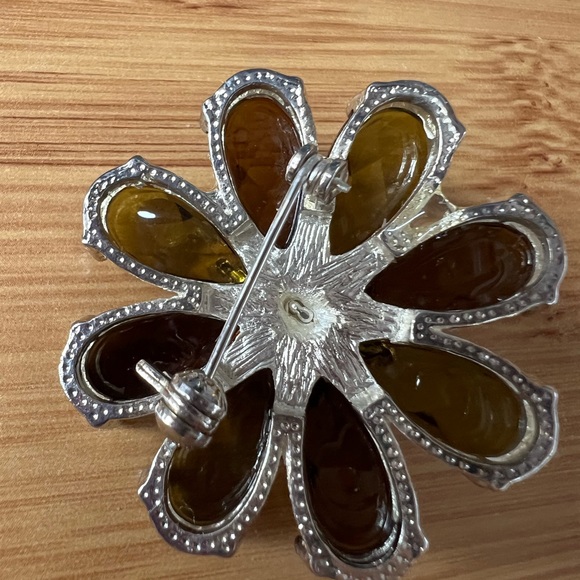 LARGE Vintage Faceted Prong-Set Smoky Topaz And Green Rhinestone Floral Brooch - Picture 9 of 9